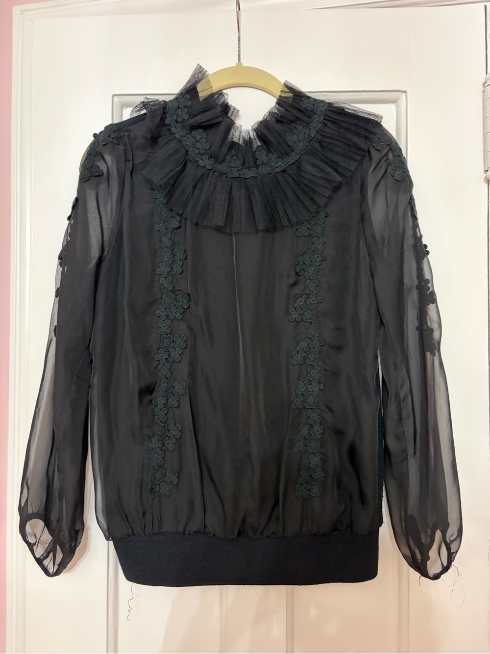 Black Ruffled Neck Sheer Floral-Trim Blouse